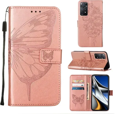 Produktbild von Redmi Note 11 Pro Hülle, Schmetterling Prägung Flip Leder Kartenfächer Schutzhülle Ledertasche mit Ständer für Xiaomi Redmi Note 11 Pro 5G / 4G Roségold
