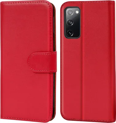 A red flip case for a smartphone is shown, open to reveal the phone inside.