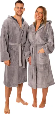 Produktbild von Lavea® Bademantel Damen & Herren, Uni Morgenmantel mit Kapuze, Soft-Velour & Frottier, Bambus-Baumwoll-Mix, 2 Taschen, Bindegürtel, S, Hellgrau