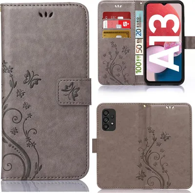 Produktbild von Handy Tasche für Samsung Galaxy A13 Schutz Hülle Handyhülle mit Blumenmuster Klapp Hülle mit Standfunktion und Kartenfächer Grau