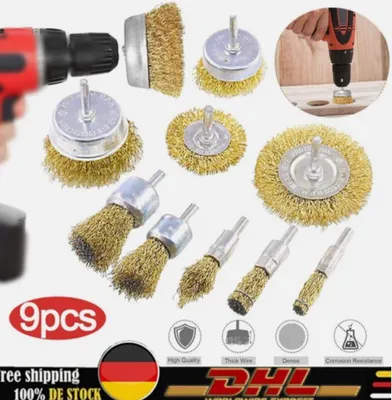 Produktbild von 9-tlg Drahtbürsten Messingbürsten vermessingt Set Bohrmaschine / Akkuschrauber