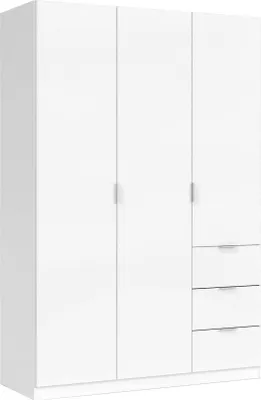 Produktbild von Garderobe Fullerton, Schlafzimmerschrank mit 3 Türen und 3 Schubladen, Schrank mit 3 Einlegeböden und Kleiderstange, 135x52h200 cm, Weiß