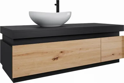 Produktbild von Easy4You Unterschrank Seya 110 cm Matt Schwarz/Eiche Hängeschrank Badschrank Badezimmerschrank mit 2 Schubladen