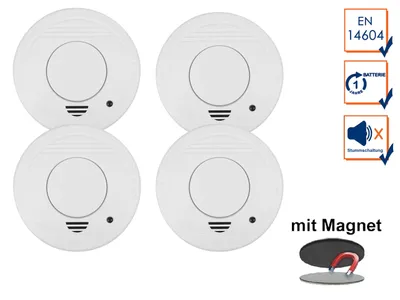 Produktbild von 4er-Set Rauchmelder mit 1 Jahres Batterie - Stummschaltfunktion + Magnethalter
