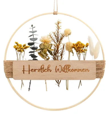 Produktbild von Türkranz Trockenblumen Herzlich Willkommen Schild 25 cm