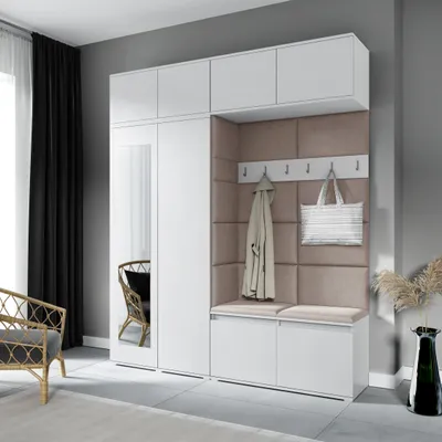 Produktbild von Garderoben-Set NIKOLA, Kleiderschrank mit Polsterplatten, Schuhschrank und Schrankaufsatz 90 cm –Ideal für Flur und Eingangsbereich (Weiß, Trinity 05)