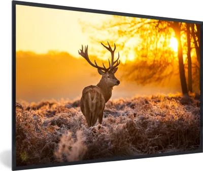 Produktbild von MuchoWow® MuchoWow® Gerahmtes Poster Hirsche - Winter - Sonnenuntergang 60x40 cm - Poster mit zchwarzem Bilderrahmen - Printing - Wanddeko Schlafzimmer