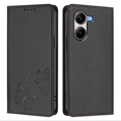 Image de Étui en cuir pour Xiaomi Poco X7 Pro, motif papillon, étui à rabat avec porte-appareil, noir