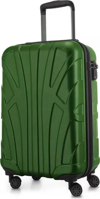 A green suitcase with a textured surface and four wheels, shown from a slightly angled front view.