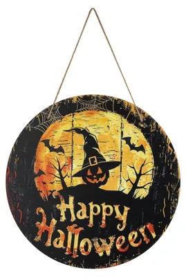 Halloween-Deurhänger, runder Holzkranz, Kürbis & Fledermaus, 30 cm