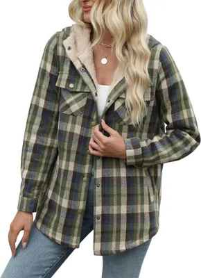 Image de ASKSA Femme Veste d'hiver à carreaux Oversize Manches Longues Hiver Chaud Doublé avec Boutons Capuche Vestes Casual (Vert,2XL)