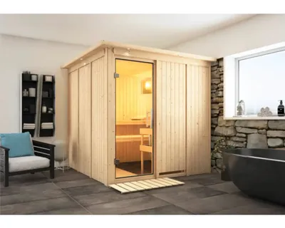 Produktbild von Elementsauna Karibu Rodina ohne Ofen mit Dachkranz und Ganzglastüre aus Klarglas