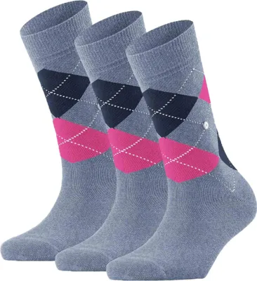 Produktbild von Burlington Damen Socken 3er Pack - Queen, Kurzstrümpfe, Baumwolle, Rautenmuster, Logoemblem Blaugrau/Pink/Dunkelblau 36-41