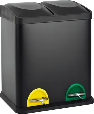 A black dual-compartment trash can with yellow and green foot pedals.