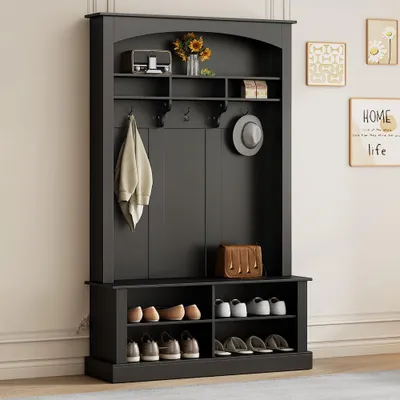 Produktbild von Garderobenständer mit  Schuhbank, Garderobe,  6 Dreifach-Haken,freistehend, platzsparend, für Eingangsbereich,Flur, Weiß, 120×40×191cm