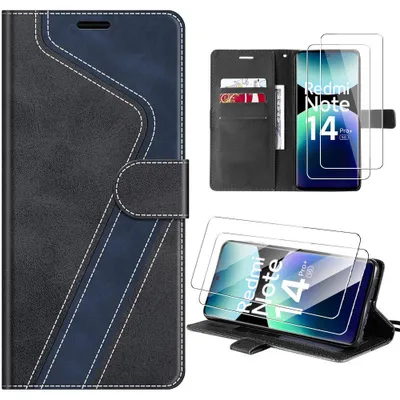 Image de Coque + 2 Verres Trempés pour Xiaomi Redmi Note 14 Pro Plus 5G, Anti-Rayures Synthécuir Noir