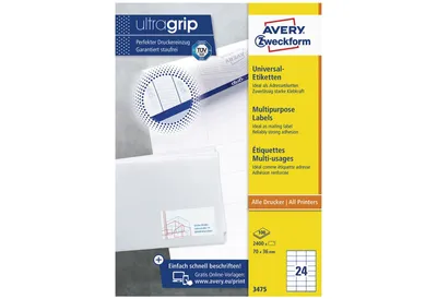 Obrázok produktu pre Avery 3475, Biela, Papája, Laser, 70 x 36, 2400 kusov, 100 listy