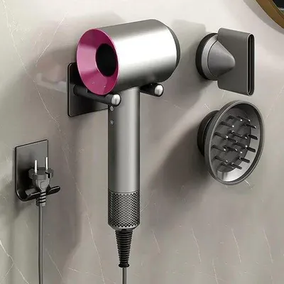 Obrázek produktu pro Držák na fén, bez vrtání, pro fén, montáž na zeď, hliníková slitina, systém pro vedení kabelů (2 úchyty)