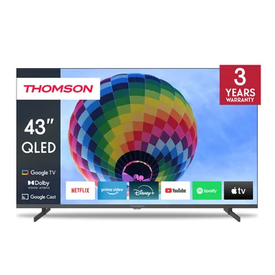 A Thomson 43" QLED TV with a colorful hot air balloon displayed on the screen.