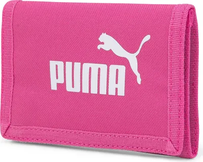 A pink Puma wallet with the Puma logo and name printed on it.