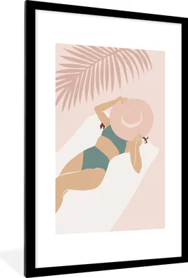 Produktbild von MuchoWow® Gerahmtes Poster Frau - Hut - Strand 60x90 cm - Poster mit Schwarzem Bilderrahmen Wandposter Rahmen Foto Bilder - Dekoration - Wandposter Wohnzimmer - Hochwertig