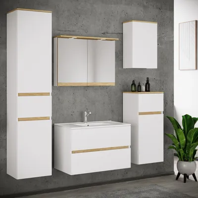 Produktbild von VCM 6-tlg. Waschtisch Set mit Keramikbecken, Badschrank mit 2 Softclose-Schubladen, Hochschrank, Midischrank, Hängeschrank, Spiegelschrank mit Beleuchtung und Steckdose, Maße Unterschrank H. 51 x B. 61 x T. 47 cm, Cosila-I