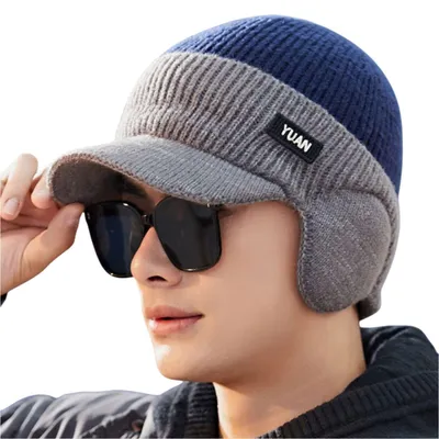 Produktbild von Herren Wintermütze mit Schirm Visor, Warm Strickmütze Beanie mit Ohrenklappen, Navyblau