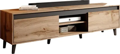 A modern TV lowboard with a wood grain finish and dark gray accents, displayed against a white background.