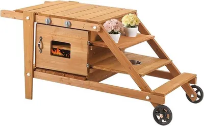 Image de Cuisine d'extérieur pour enfants, modèle à roulettes, avec accessoires, en bois, à partir de 3 ans, pour le jardin, idéale pour les jeux de rôle