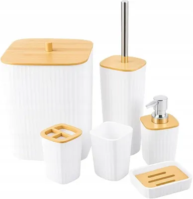 Produktbild von Badezimmeret 6-teilig, Weiß und Bambus, mit Toilettenbürste und Mülleimer, für Badezimmer