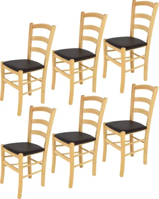Image de t m c s Tommychairs - Lot de 6 chaises VENICE pour la cuisine et la salle à manger, structure robuste en bois de hêtre verni dans le coloris naturel et assise rembourrée recouverte de CUIR ARTISANAL dans le coloris moka