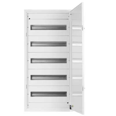 An open white metal electrical distribution box with multiple rows of mounting rails.