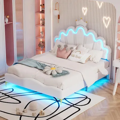 Zdjęcie produktu dla Łóżeczko dla dzieci w kształcie korony z oświetleniem LED, obicie z pianki PU, wzór księżniczki, łóżko dwuosobowe o niskim wezgłowiu, bez materaca, kolor biały, wymiary 140 x 200 cm