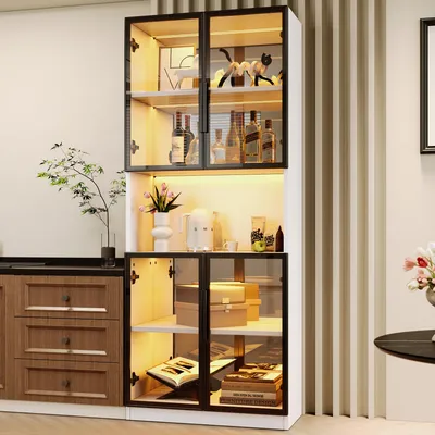 Immagine prodotto di Vetrina in vetro con illuminazione a LED e retro a specchio, armadio vetrina con ante in vetro temperato, espositore in MDF