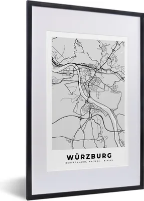 Produktbild von MuchoWow® Gerahmtes Poster Deutschland - Stadtplan - Würzburg - Karte 40x60 cm - Poster mit Schwarzem Bilderrahmen Wandposter Rahmen Foto Bilder - Poster in Rahmen