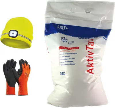 Produktbild von vasalat Streusalz 10kg - Auftausalz + Arbeitshandschuhe Winter Gr.10 + Mütze mit Led Licht