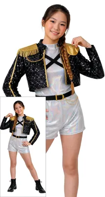 Produktbild von Kinder Kpop Golden Hunter Kostüm Set mit glitzernder Jacke, Shorts, Gürtel und Shirt im futuristischen Kampf-Style Heldin, Größe: 140/146 Farbe: Golden
