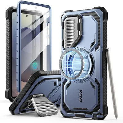 Image de Coque de protection pour Samsung Galaxy S25 Ultra, compatible MagSafe, avec protection de l'appareil photo et support, couleur bleue