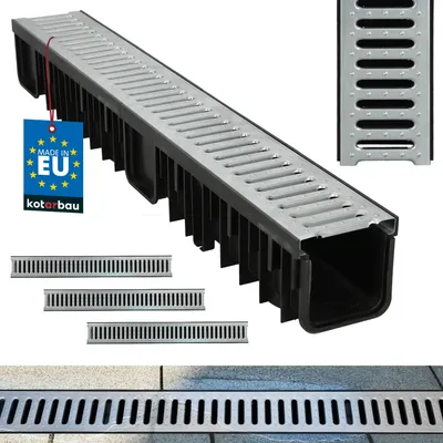 A drainage channel system with a metal grate and a black plastic base, shown from a slightly elevated angle. Several smaller pieces of the grate are displayed below, and a section of the installed channel is shown on a tiled surface at the bottom. A tag in
