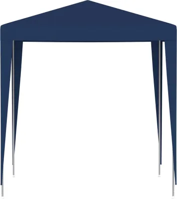 A blue party tent with metal poles, shown from the front.