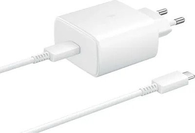 A white Samsung USB-C charger and cable on a white background.