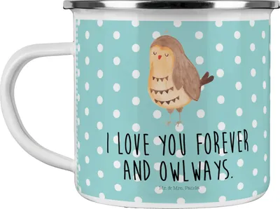 Produktbild von Mr. & Mrs. Panda Teetasse Eule Zufrieden - Türkis Pastell - Geschenk, Emaille Becher, Romantisch, Wortspiel, Tasse, Liebesspruch, Pott, Owl, Teebecher, Outdoor, Müde