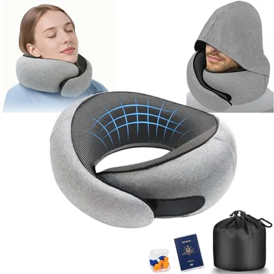 Produktbild von Nackenkissen Flugzeug 360° Unterstützung - Ergonomisches Nackenkissen - Verstellbar - Aufbewahrungstasche - Inklusive Ohrstöpsel - Weiche Kapuze - Reise-Nackenkissen