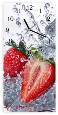 Produktbild von Wanduhr aus Glas mit Motiv Erdbeeren im Wasser- 30 x 60 cm - inkl. Aufhängesystem