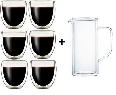 Produktbild von Klasique Doppelwandige Latte Macchiato Gläser 250 ml mit Karaffe 1000 ml – 7 tlg. Thermoglas-Set aus Borosilikatglas für heiße & kalte Getränke Gläser