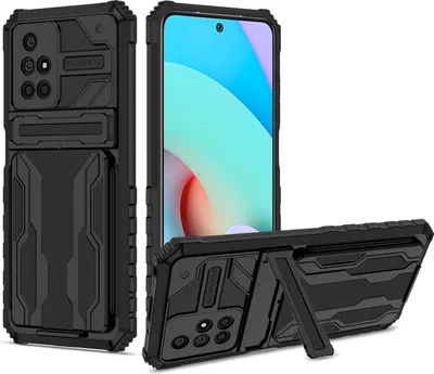 Immagine prodotto di Custodia Redmi 10, custodia ibrida di protezione robusta con porta carte e supporto per Xiaomi Redmi 10 nero