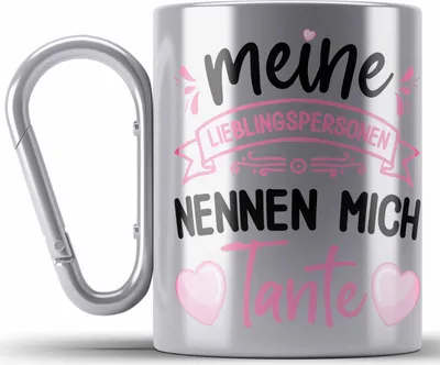 Produktbild von Trendation - Tante Geschenk Edelstahl Tasse Karabiner Spruch Lustig Geschenkidee für Tante Geburtstag Weihnachten (Silber)