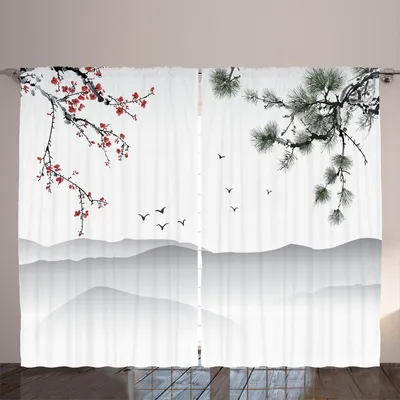 Image de Rideau à fleurs ARANDE, peinture chinoise, motif graphique avec arbres, oiseaux et paysage montagneux, 280 x 225 cm, rouge, vert, noir