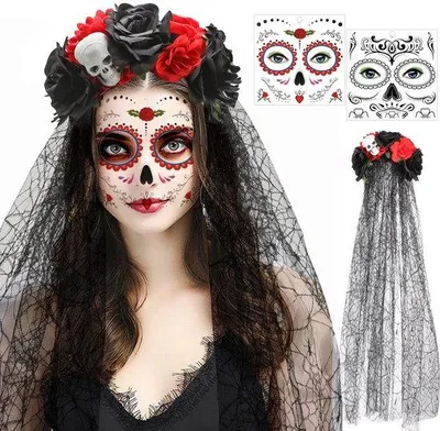 Produktbild von Halloween, Día de los Muertos (Tag der Toten) – Stirnband mit rosa Blumen – Temporäre Tattoos – Halloween-Party – Haaraccessoires für Mädchen – Perfekt