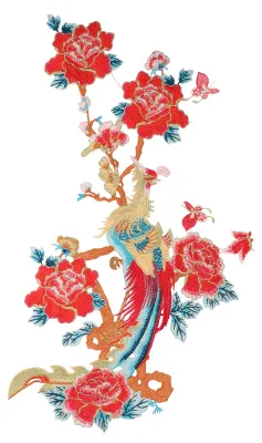 Produktbild von Blumenapplikation mit Phönixblüten im chinesischen Stil aus glänzendem Nylongarn, dekorativ und praktisch.